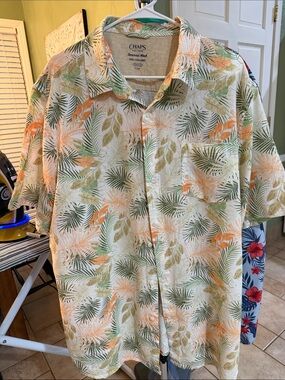 Chaps Tropical Leaf Print Short Sleeve Shirt - Cream, Green, Orange